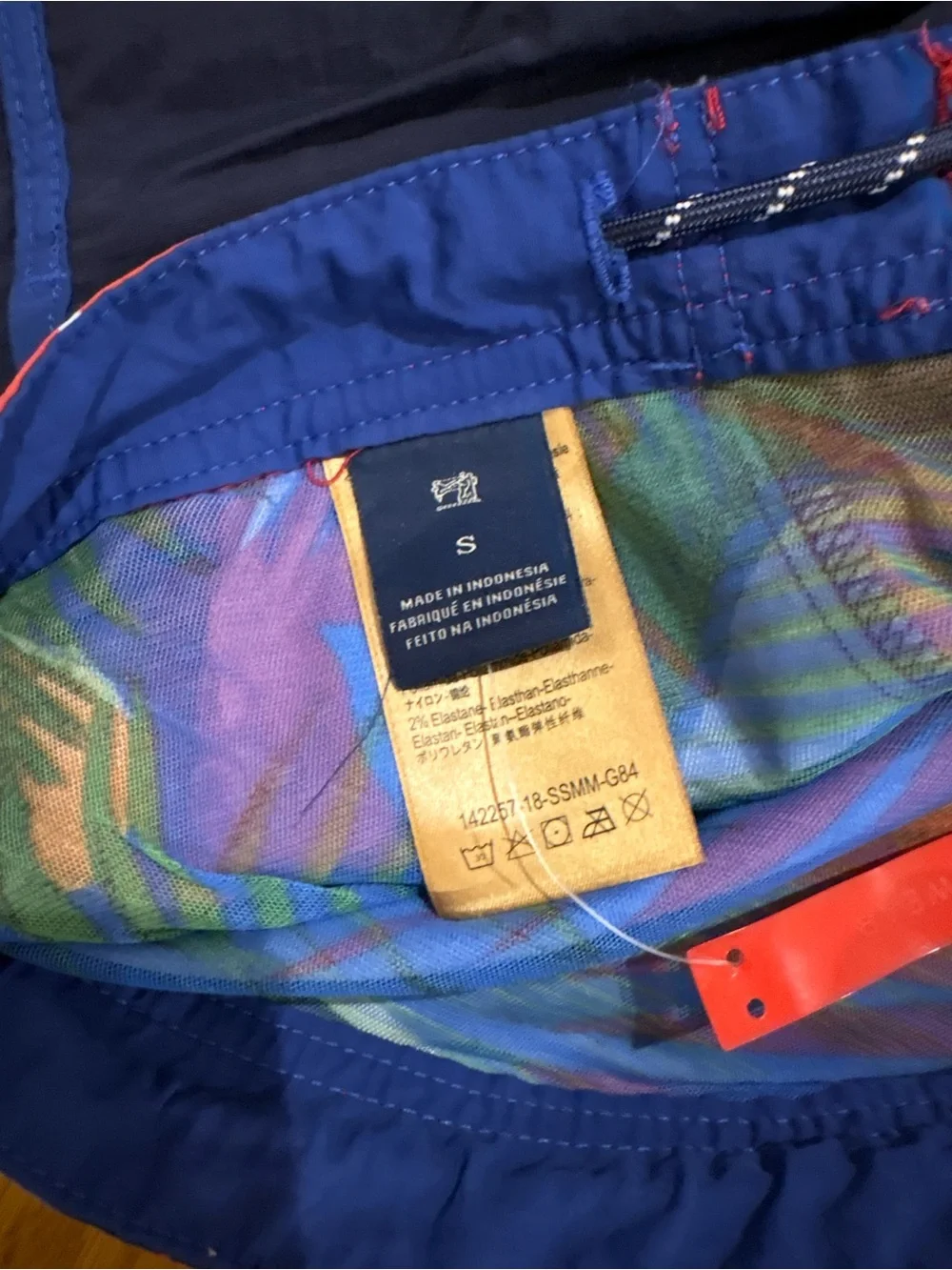 Scotch & Soda Navy Swim Trunks with Coral Tropical Waistband